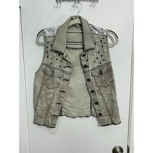 Y2K Vintage Denim Vest Medium Gray Bling Chains Grunge Indie Festival Emo